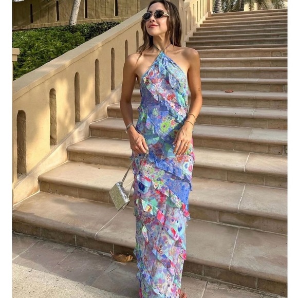 Zara ruffle printed halter midi Dress NEW - Picture 5 of 14